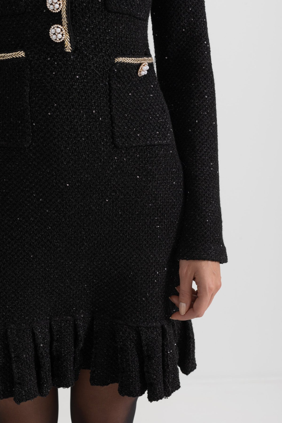 Tweed Pearl Collar Metallic Button Patch Pocket Mini Dress - View 9