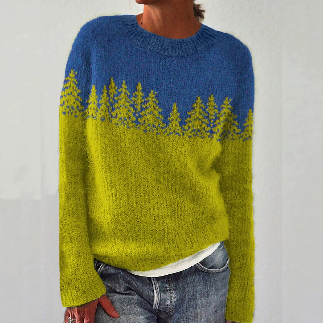 Crew Neck Pine Tree Fair Isle Long Sleeve Knit Sweater