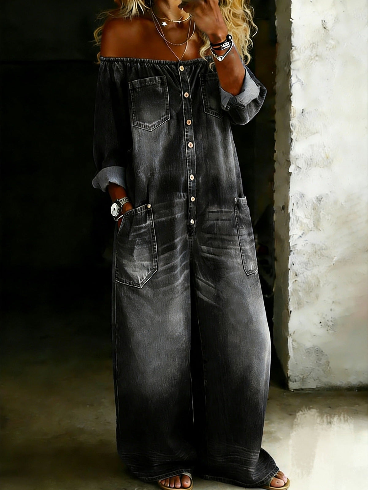Off Shoulder Button Front Wide Leg Denim Jumpsuit 6