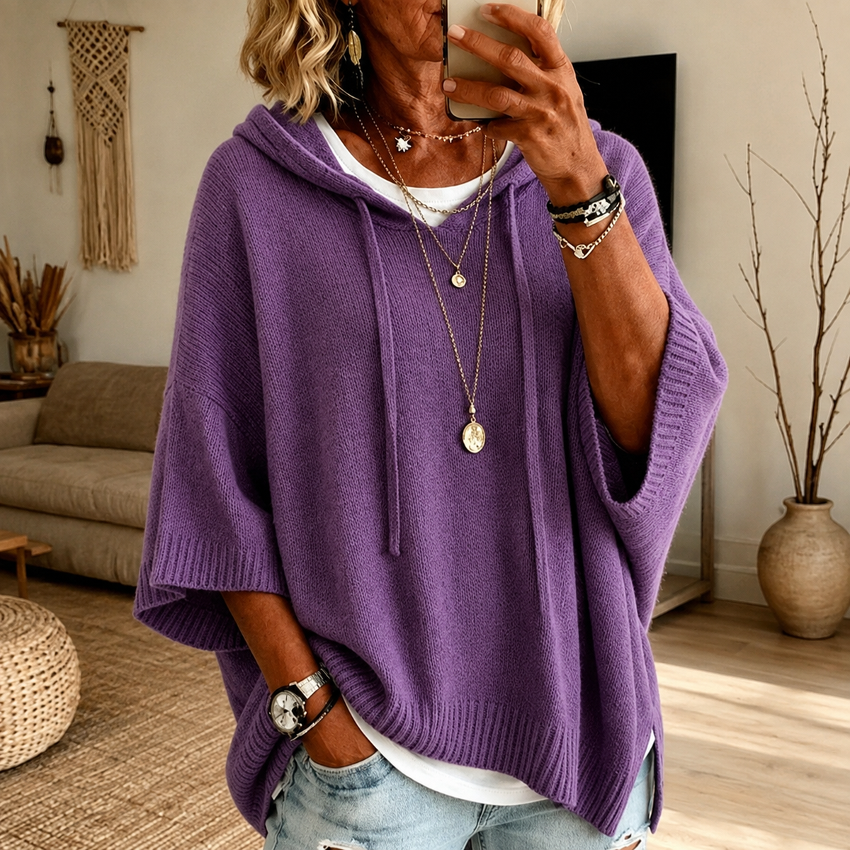 Hooded Drawstring Batwing Knit Poncho Sweater