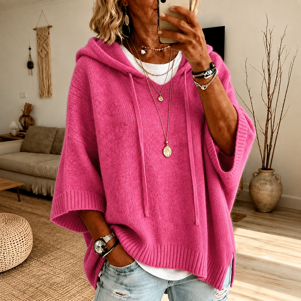 Hooded Drawstring Oversized Poncho Sweater