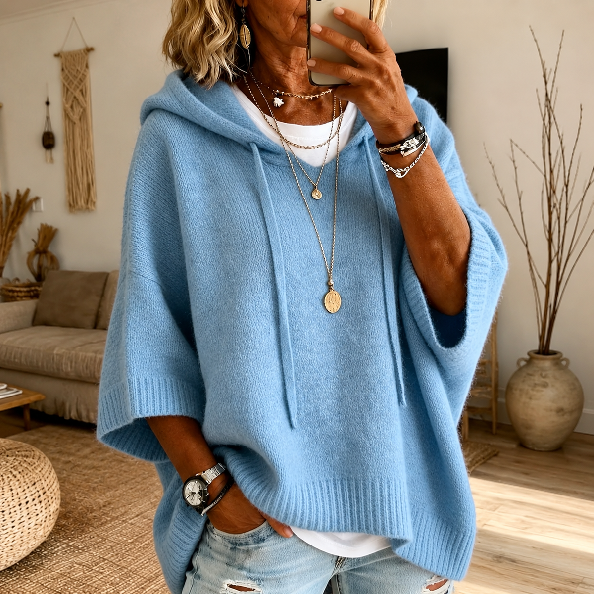 Hooded Batwing Sleeve Oversized Poncho Sweater