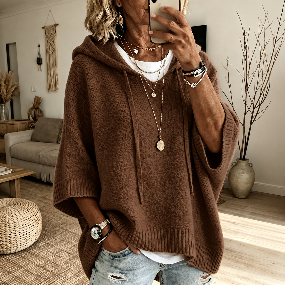 Hooded Drawstring Dolman Sleeve Knit Poncho Sweater