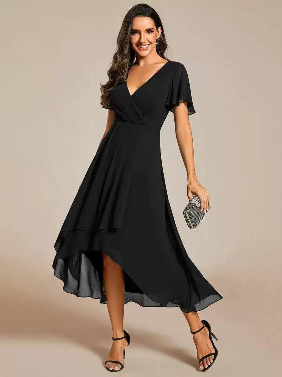 V-Neck Flutter Sleeve Chiffon High Low Midi Dress Wedding Guest
