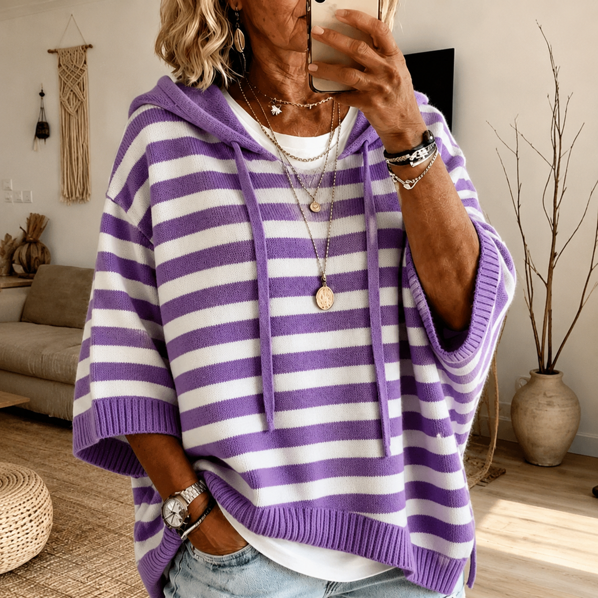 Striped Hooded Drawstring Poncho Sweater