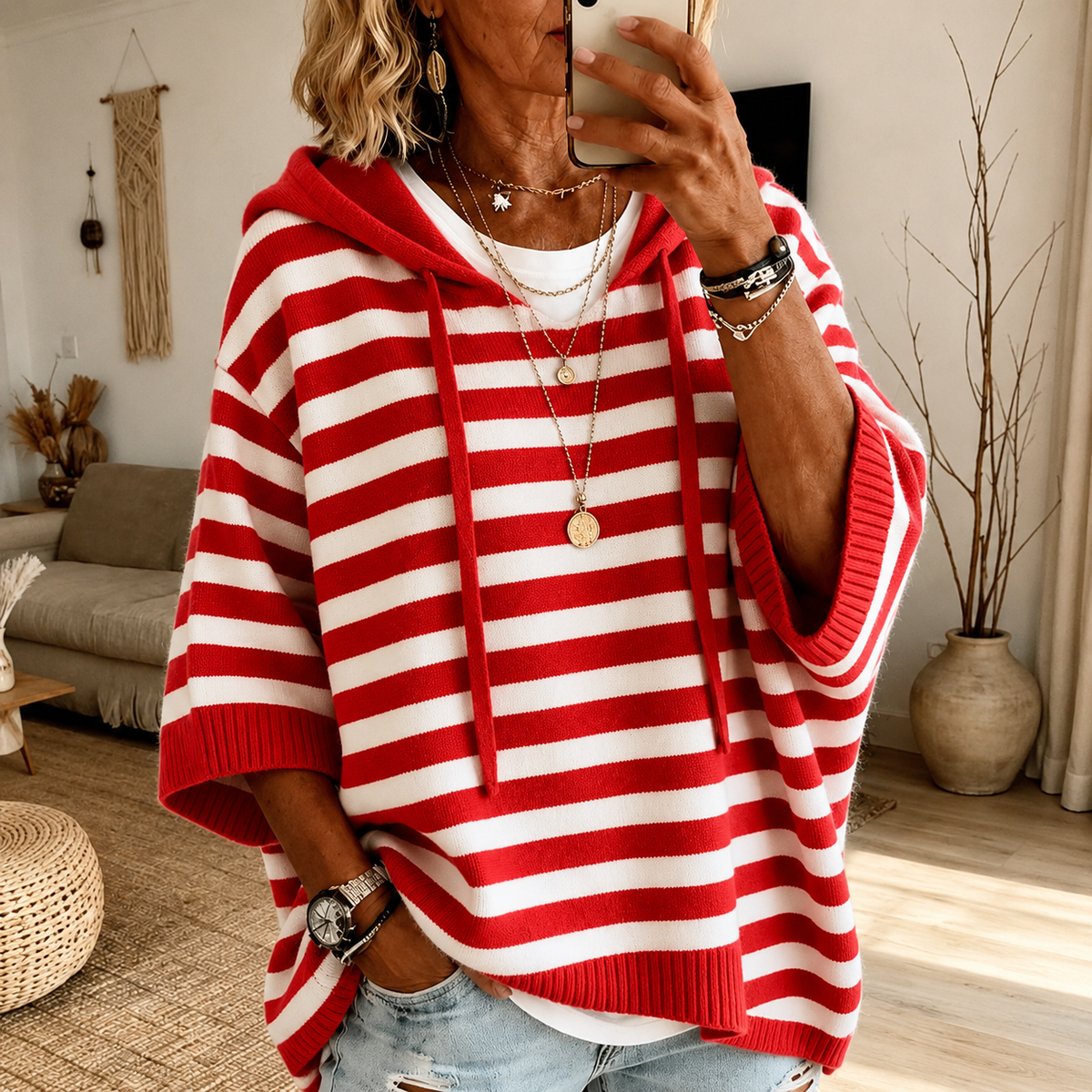 Striped Hooded Oversized Poncho Sweater