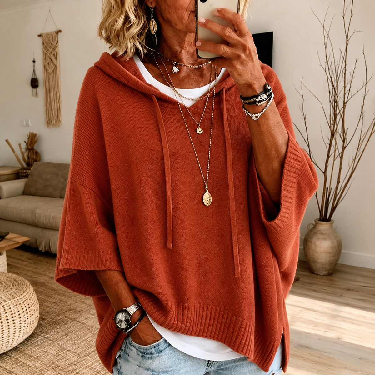 Drawstring Hooded Dolman Sleeve Poncho Sweater