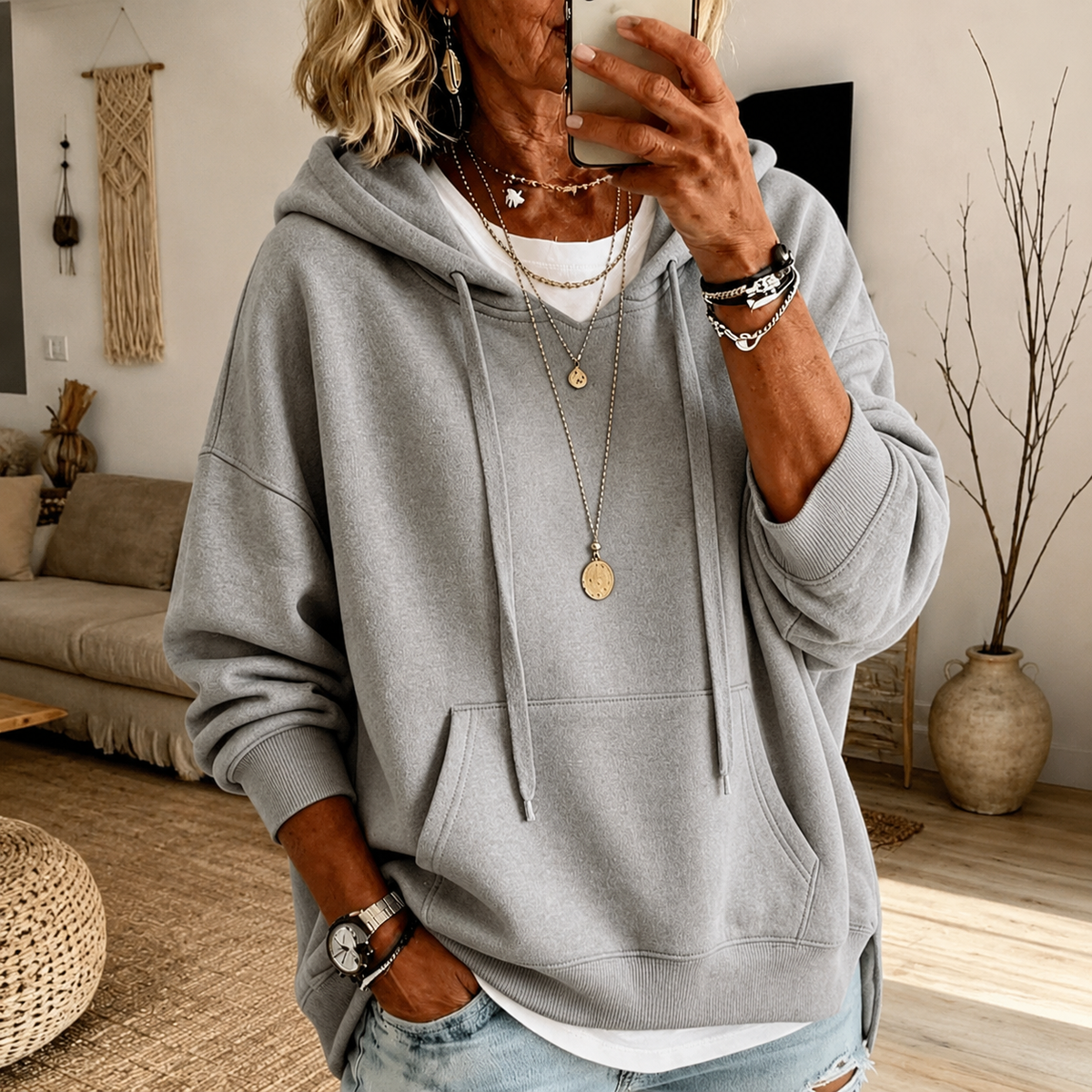 Drawstring Hooded Kangaroo Pocket Long Sleeve Sweatshirt