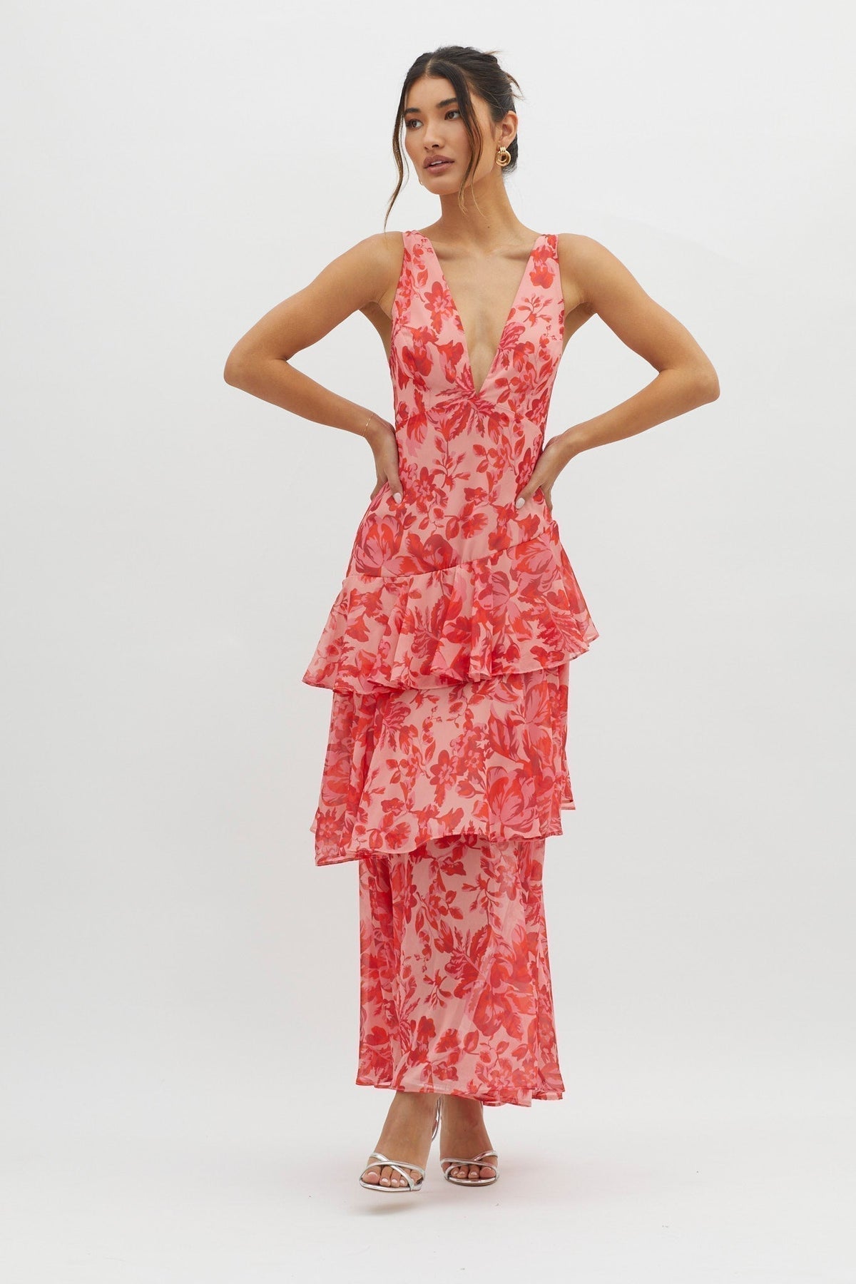 Floral Deep V-Neck Sleeveless Tiered Ruffle Maxi Dress 2