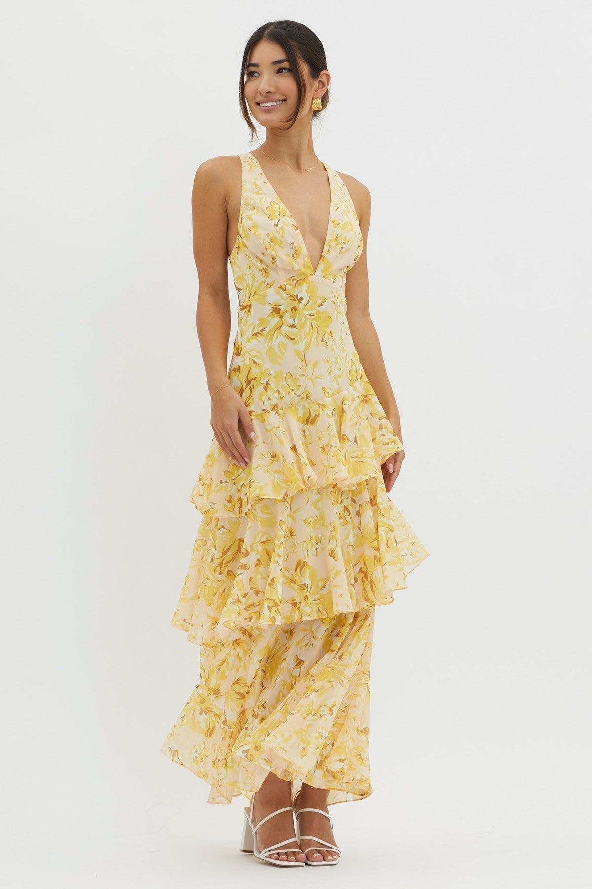 Floral Deep V-Neck Sleeveless Tiered Ruffle Maxi Dress 6
