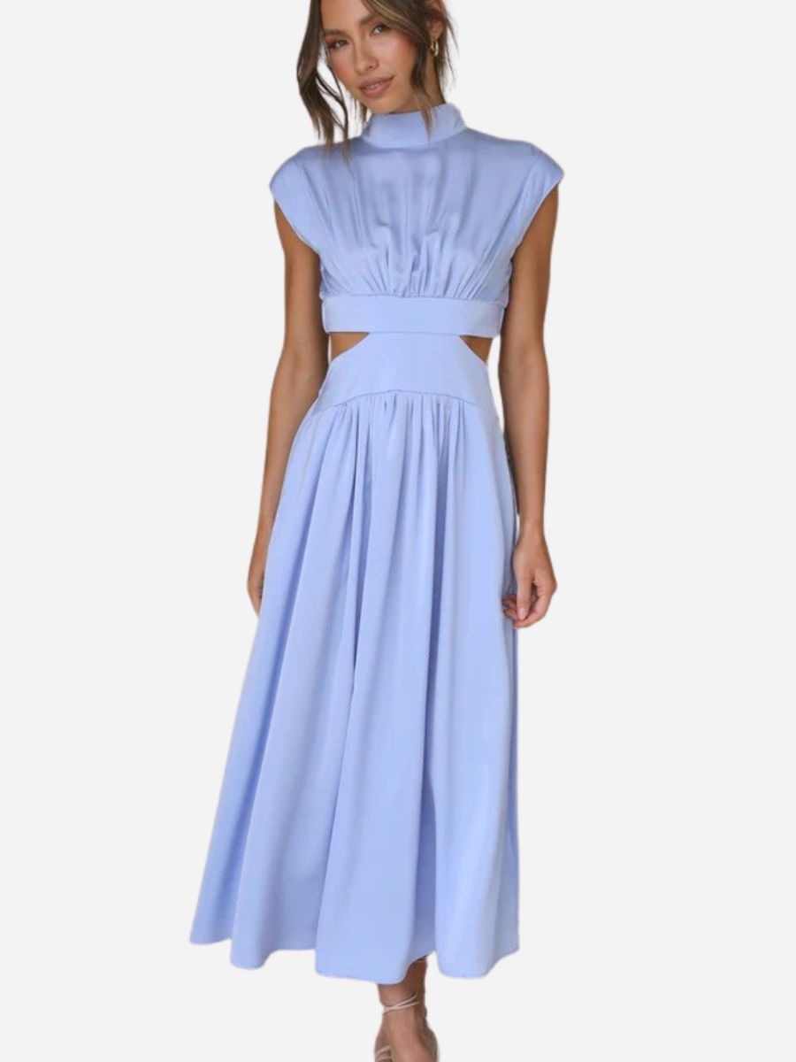 Mock Neck Sleeveless Side Cut Out Pleated A-Line Maxi Dress - View 5