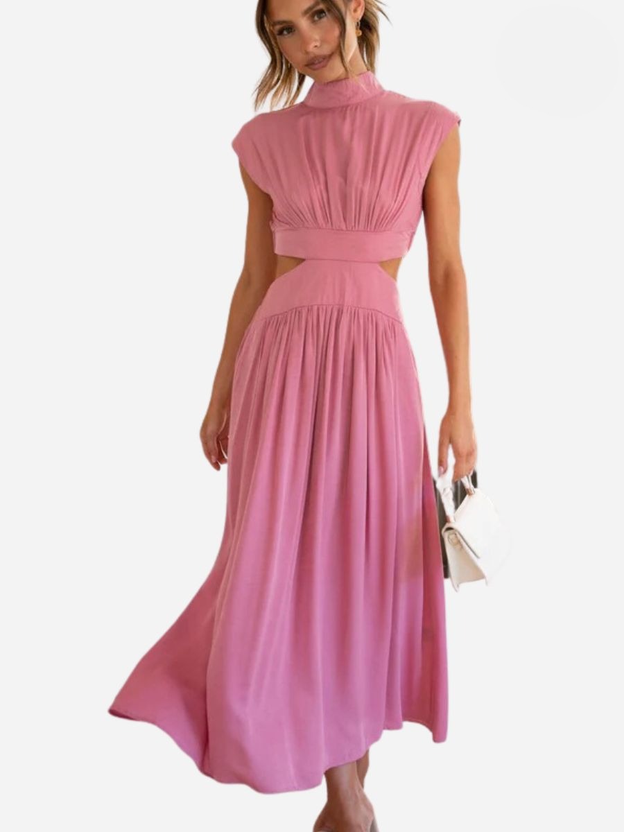 Mock Neck Sleeveless Side Cut Out Pleated A-Line Maxi Dress - View 8