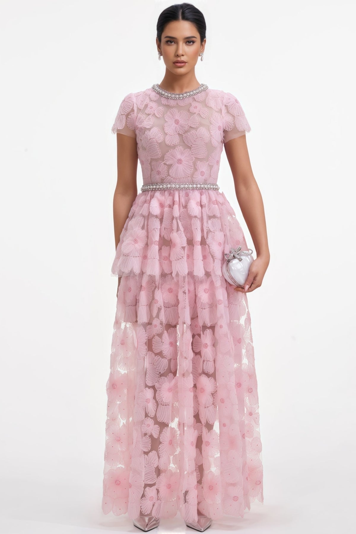 Oriel Pink Embellished Tulle Maxi Dress