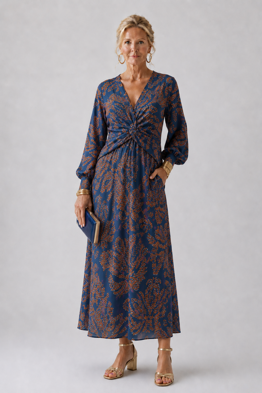 Paisley Print V-Neck Long Sleeve Twist Front Maxi Dress