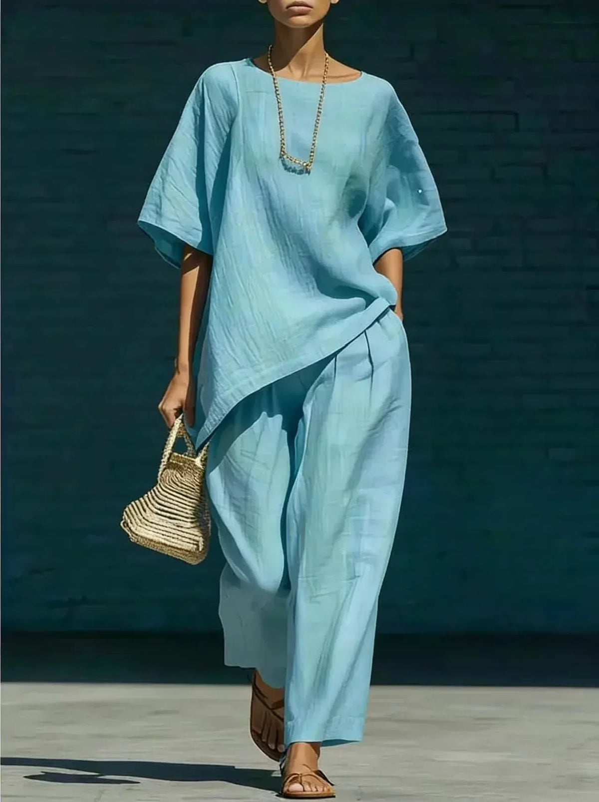 Boat Neck Short Sleeve Top and Wide Leg Pants Two Piece Set 5