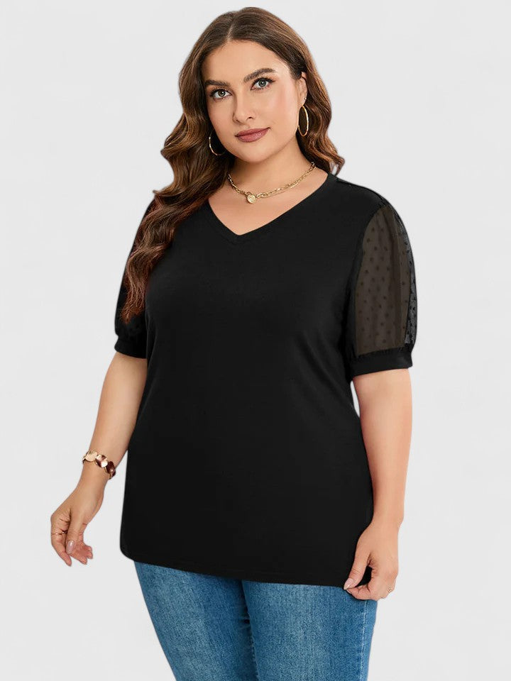 V-Neck Swiss Dot Mesh Puff Short Sleeve Top 11