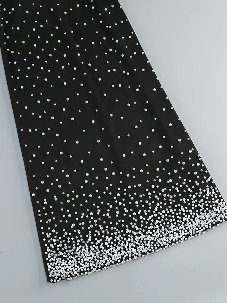 Black Strapless Pearls Beaded Embellished Maxi Dress - View 12