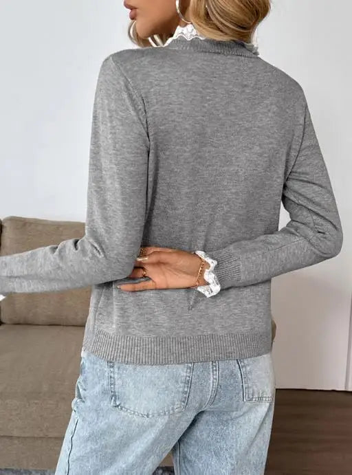 Lace Trim Button Placket Crew Neck Sweater 4