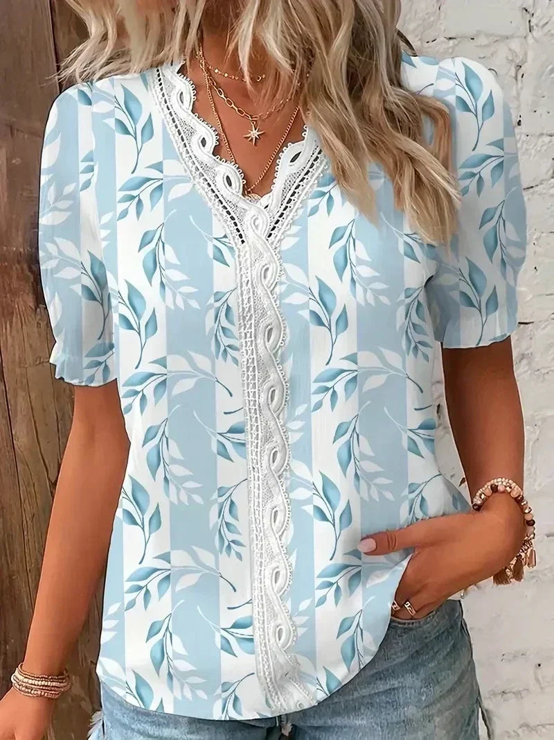 Leaf Print Lace Trim V-Neck Short Sleeve Blouse