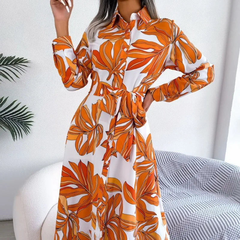 Floral Long Sleeve Belted Button Front Shirt Dress 6
