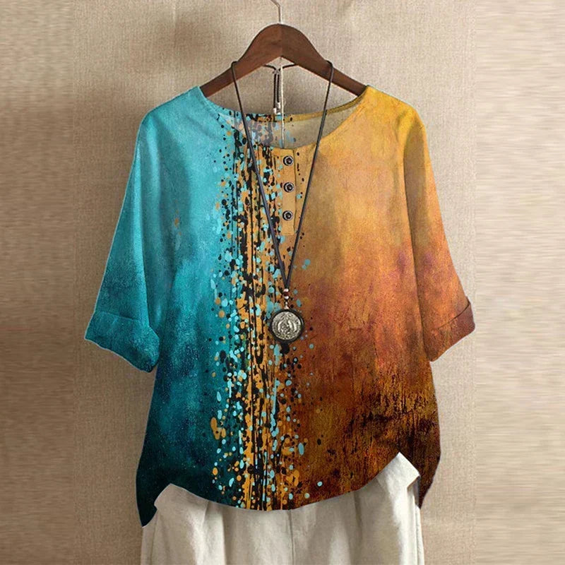Floral Embroidered Round Neck Roll Tab Sleeve Tunic Top 11