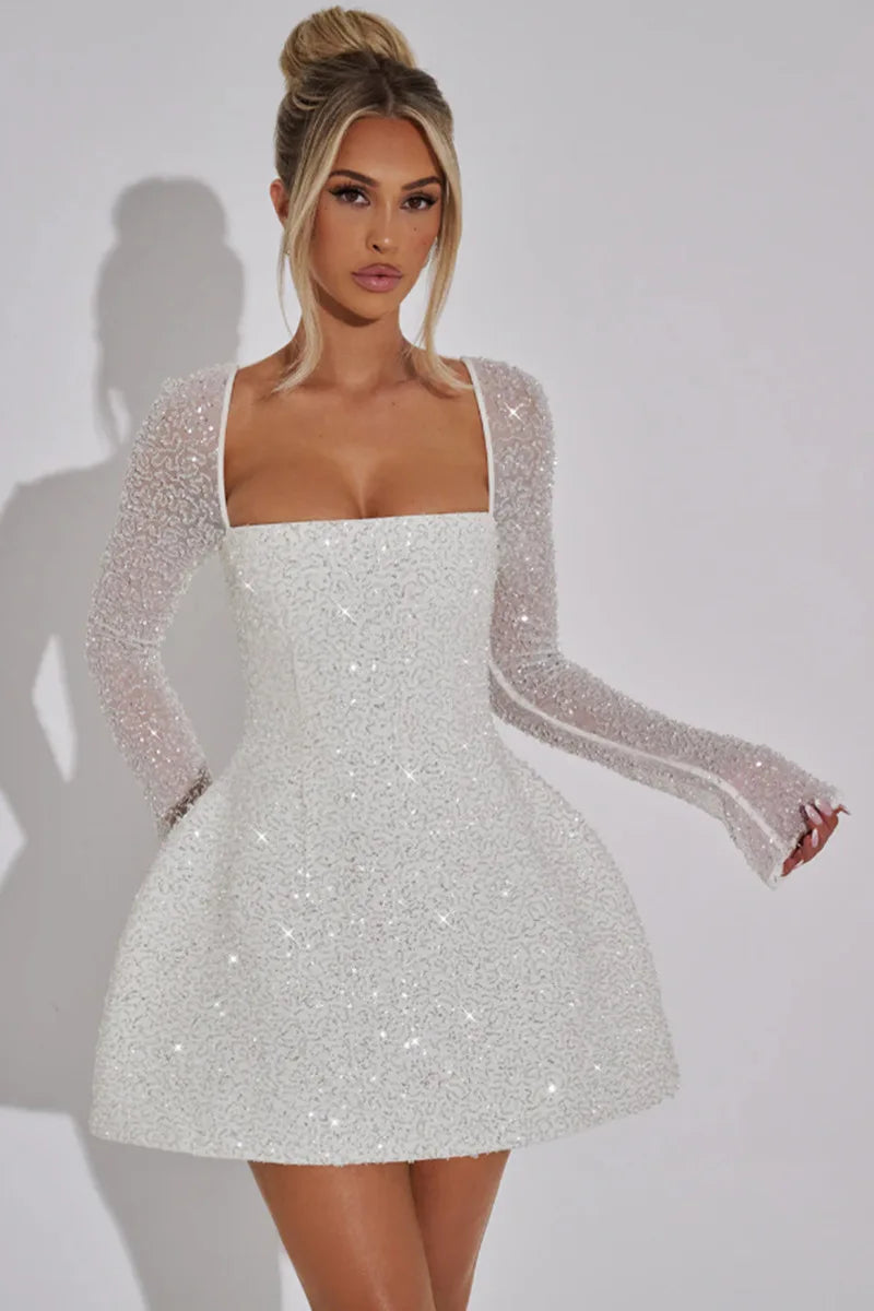 Sequin Square Neck Long Sleeve A-Line Party Mini Dress 3