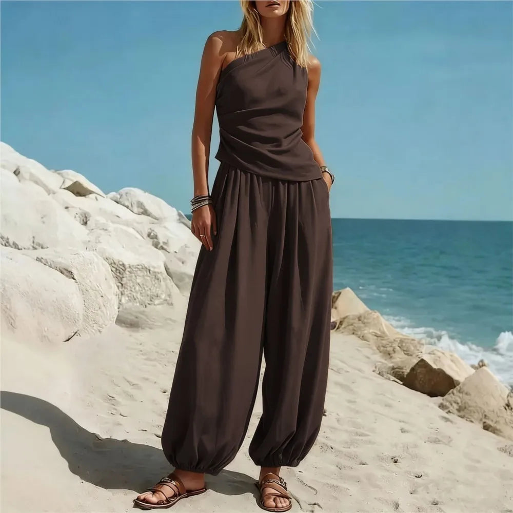 One Shoulder Ruched Top and Balloon Leg Pants Two Piece Set 3
