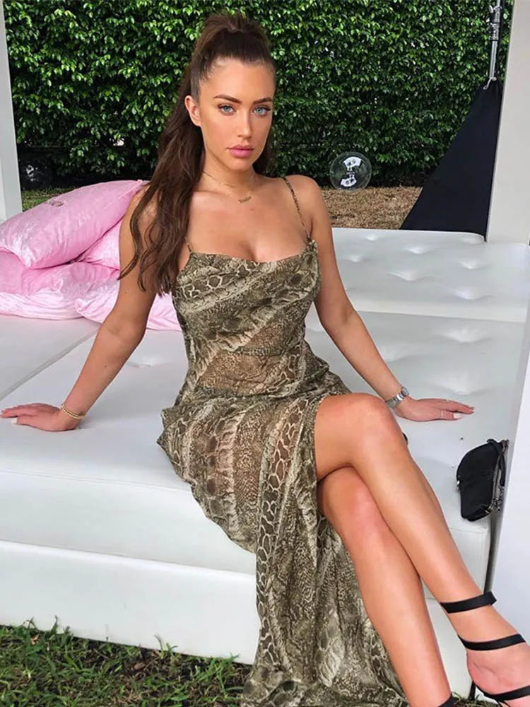 Snake Print Chiffon Sheer Strap Backless Slit Slip Dress - View 2