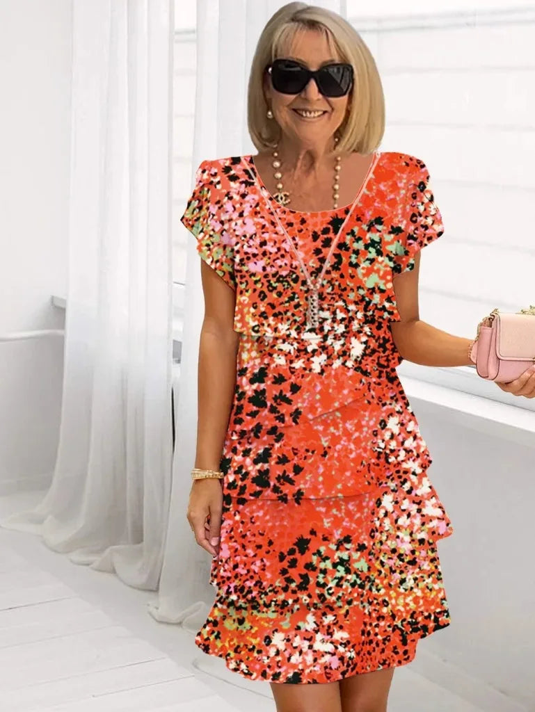 V-Neck Short Sleeve Floral Print Tiered Ruffle Midi Dress