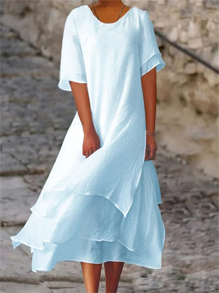 Round Neck Short Sleeve Layered Asymmetric Tiered Hem Midi Dress - View 4