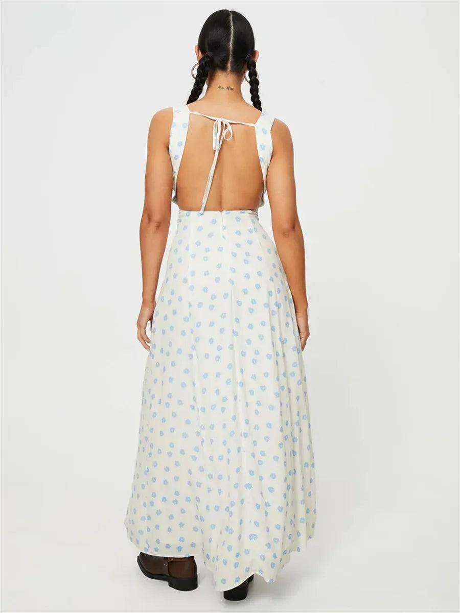 V-neck Lace-up Sleeveless Floral Dress - View 3