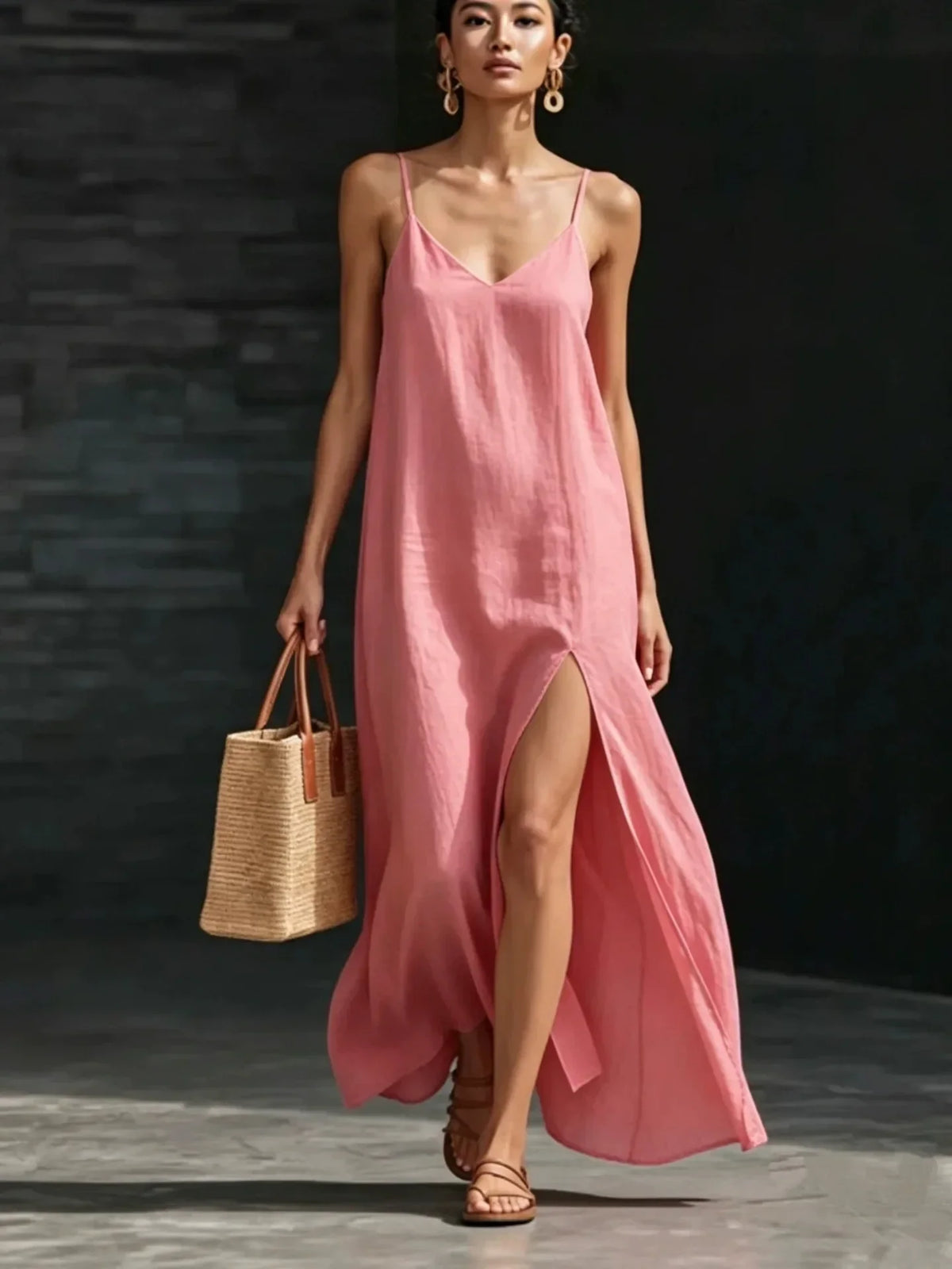 V-Neck Spaghetti Strap High Split Linen Look Maxi Dress 6