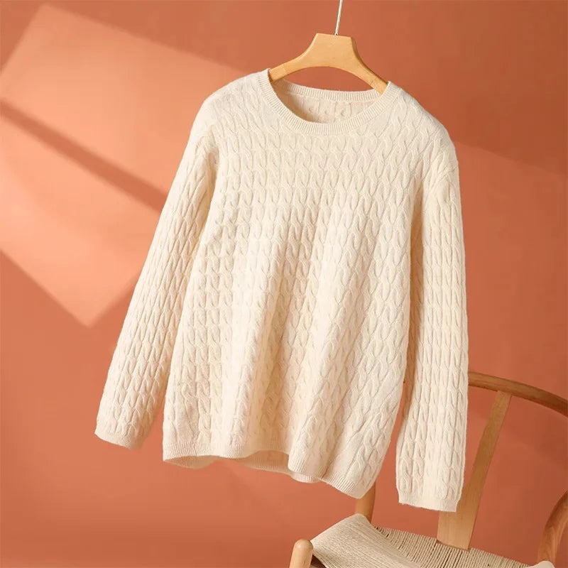 Crew Neck Long Sleeve Cable Knit Sweater
