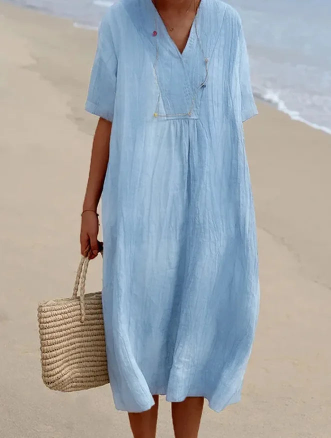 Split Neck Short Sleeve Linen Look Maxi Dress 13