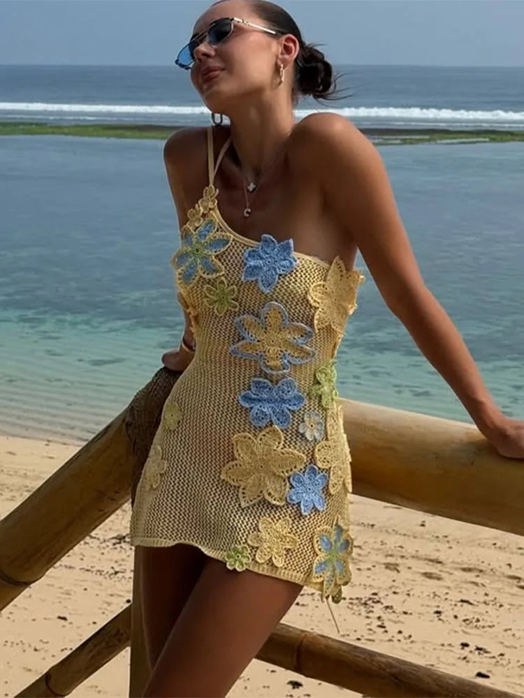 Crochet Floral Applique One Shoulder Bodycon Mini Dress