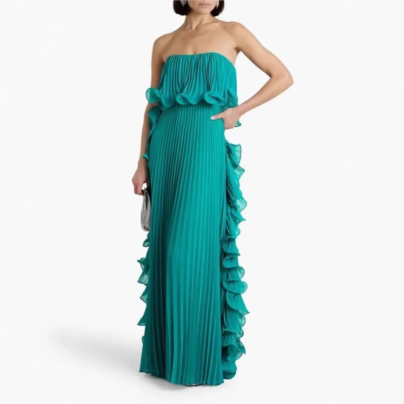 Pleated Chiffon Long Ruffled Strapless Dress - View 6