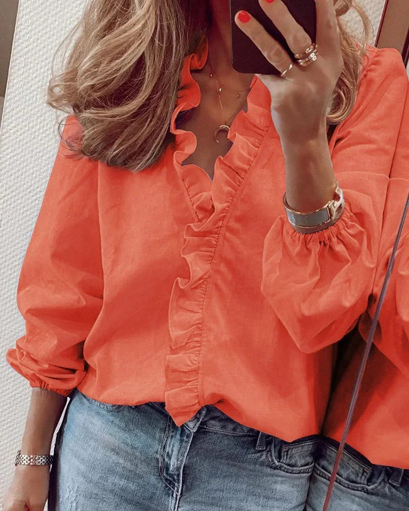 Ruffle Trim V-Neck Long Sleeve Blouse