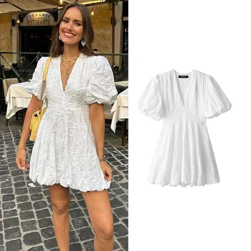 Floral Emboss Puff Sleeve Deep V-Neck Fit and Flare Mini Dress - View 2