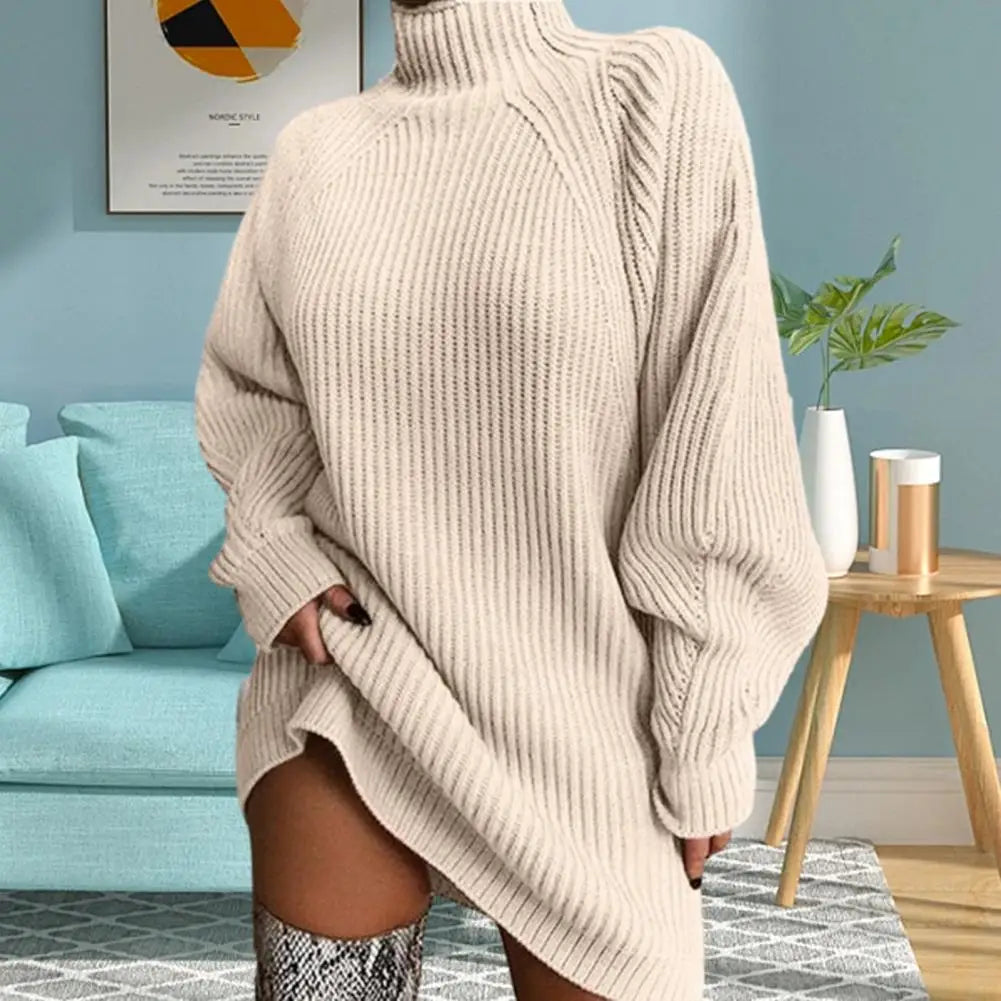 Turtleneck Long Sleeve Ribbed Sweater Dress 3