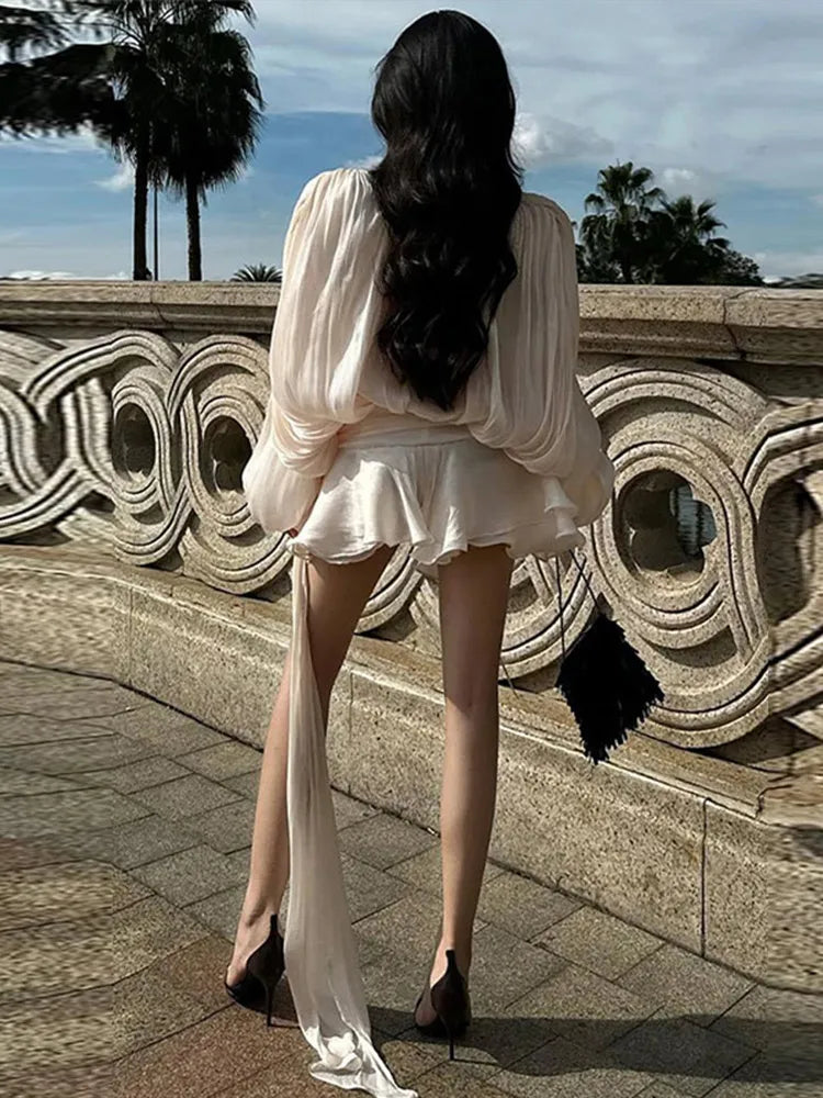 Elegant V - Neck Lace - Up Summer Style Mini Dress - View 5