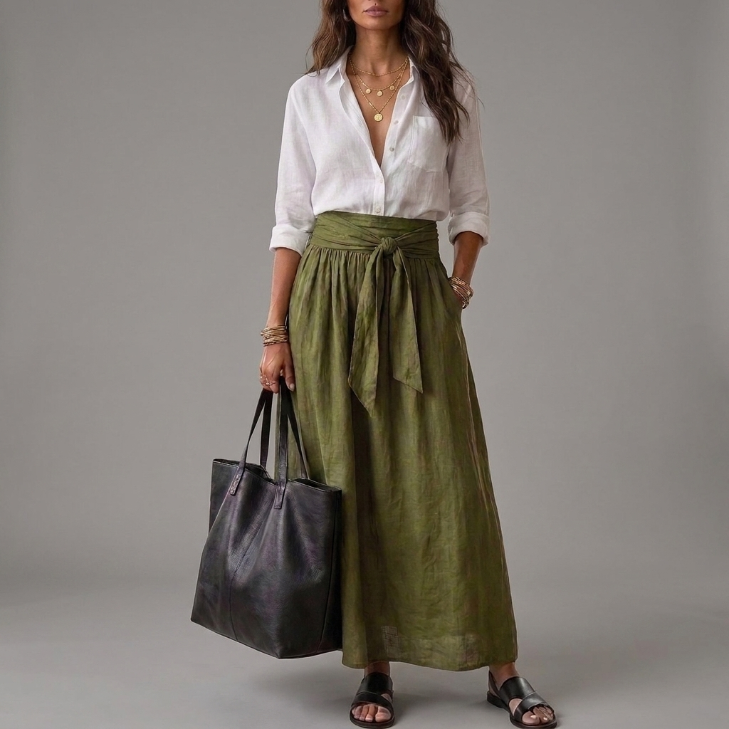 Button Front Shirt and Tie Waist Maxi Skirt Two Piece Set 2