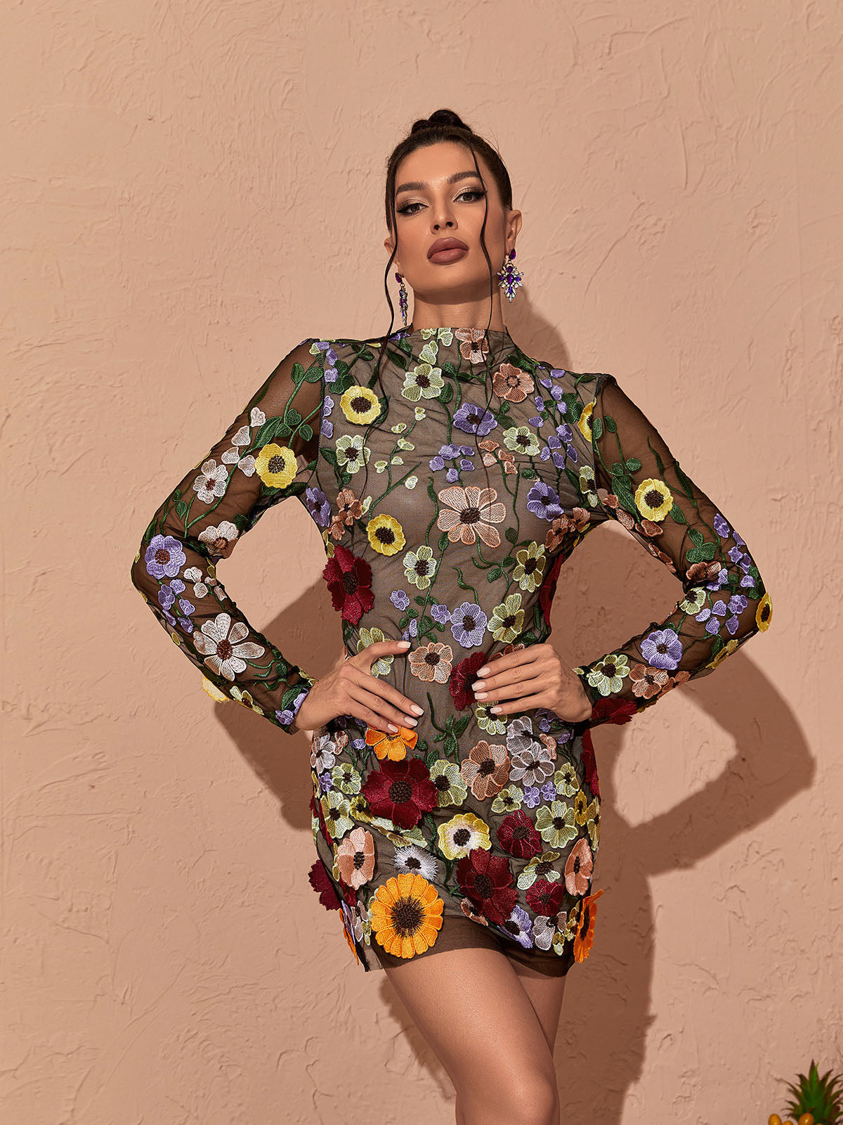 Floral Applique Mesh High Neck Long Sleeve Mini Dress - View 4