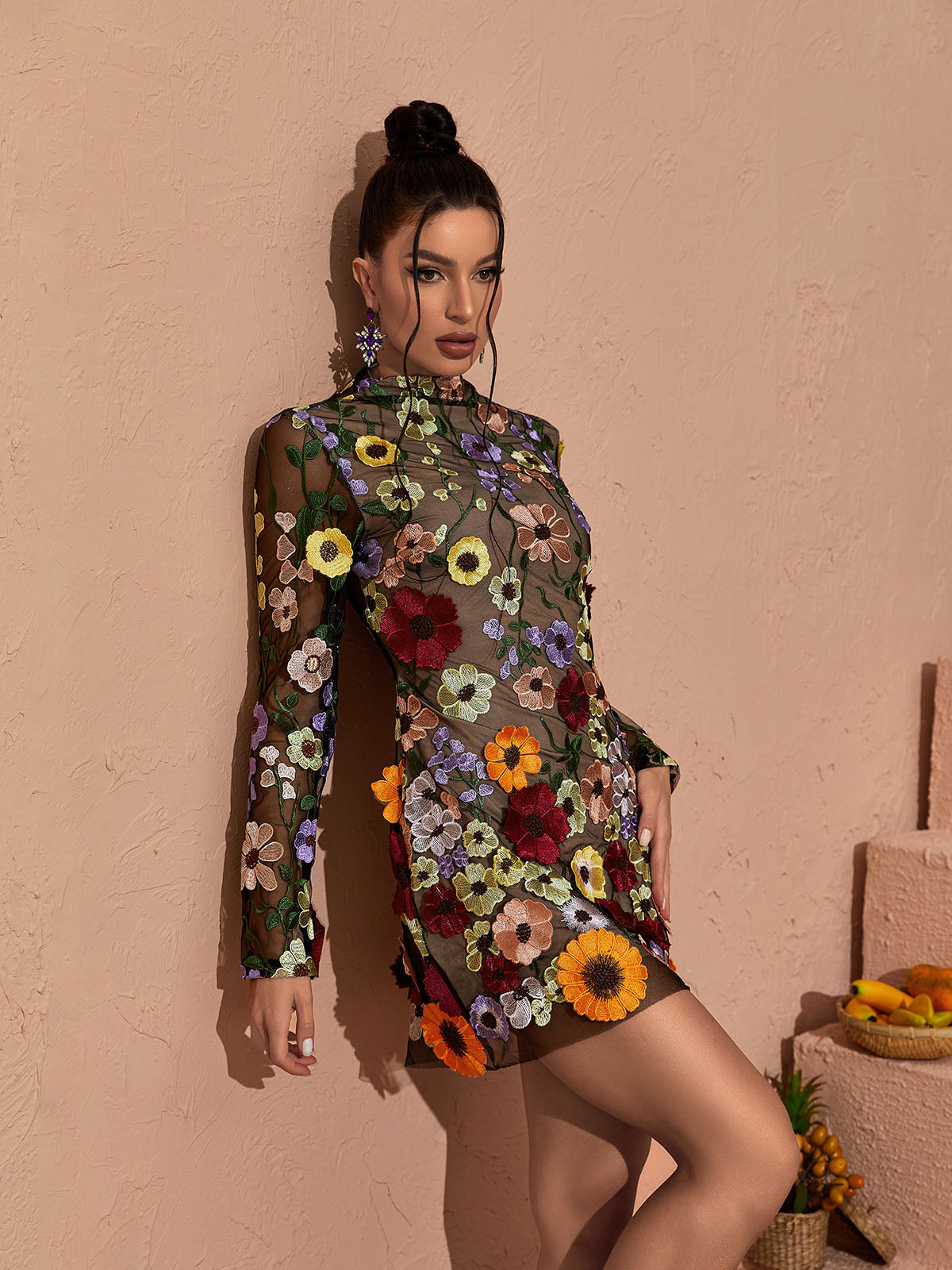 Floral Applique Mesh High Neck Long Sleeve Mini Dress - View 3