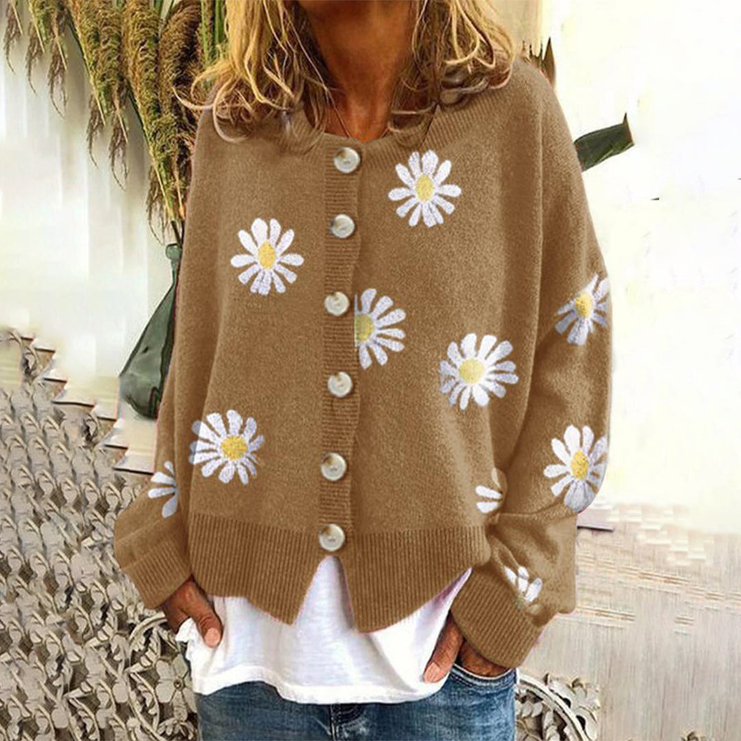 Daisy Floral Round Neck Button Front Knit Cardigan 2