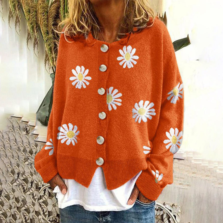 Daisy Floral Round Neck Button Front Knit Cardigan 3