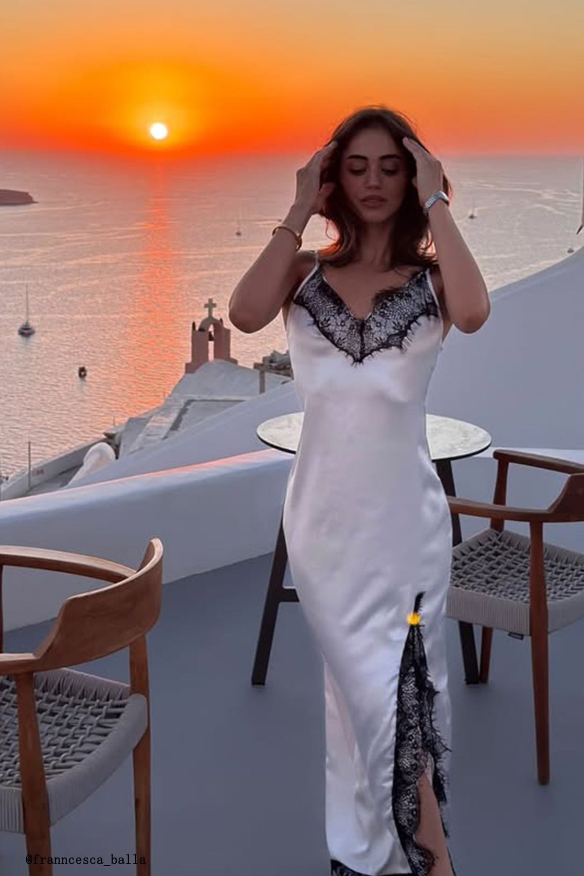 Satin Lace Trim Deep V-Neck Spaghetti Strap High Split Slip Maxi Dress - View 9