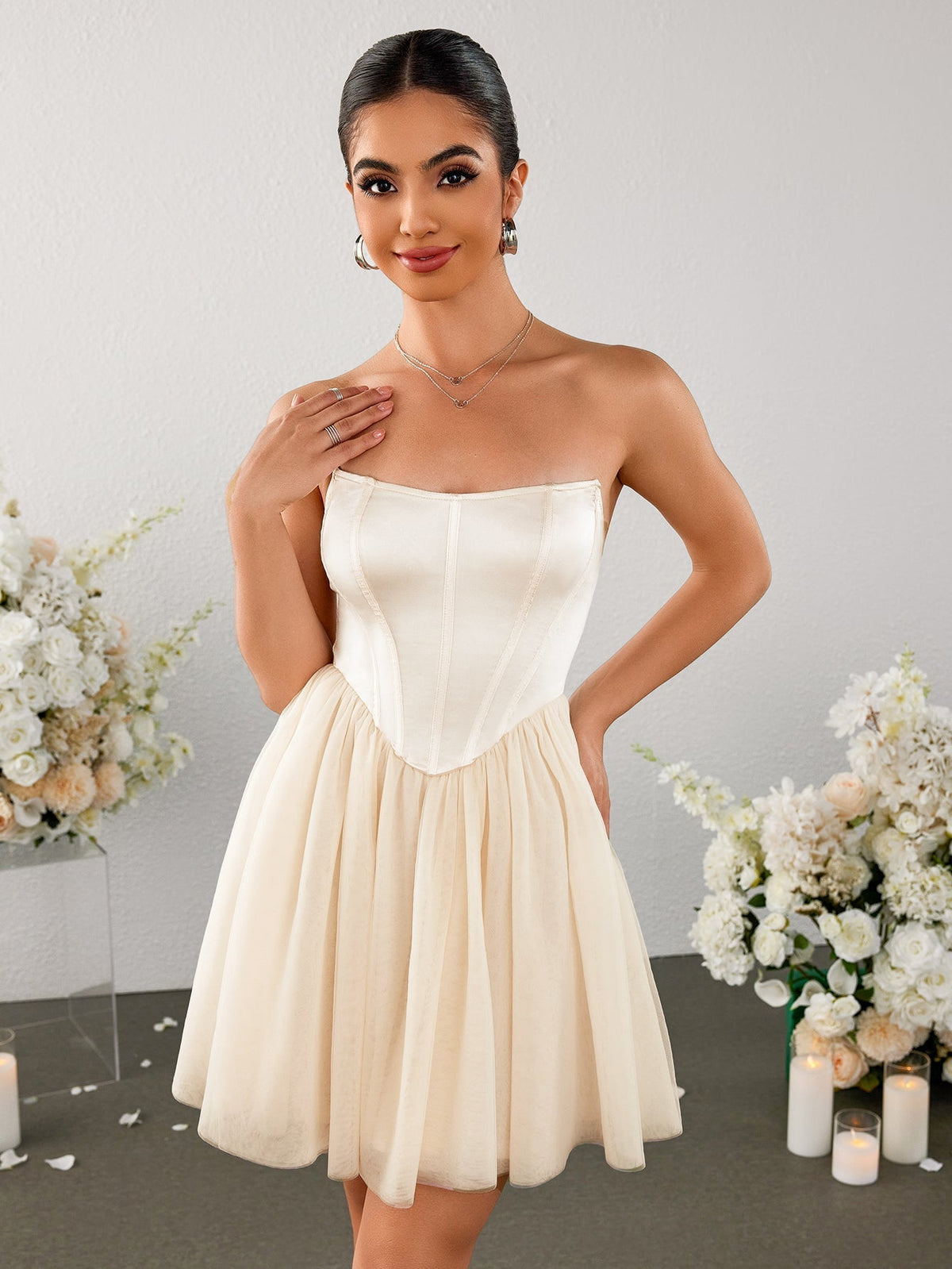 Satin Patchwork Mesh Backless Tube Dress
