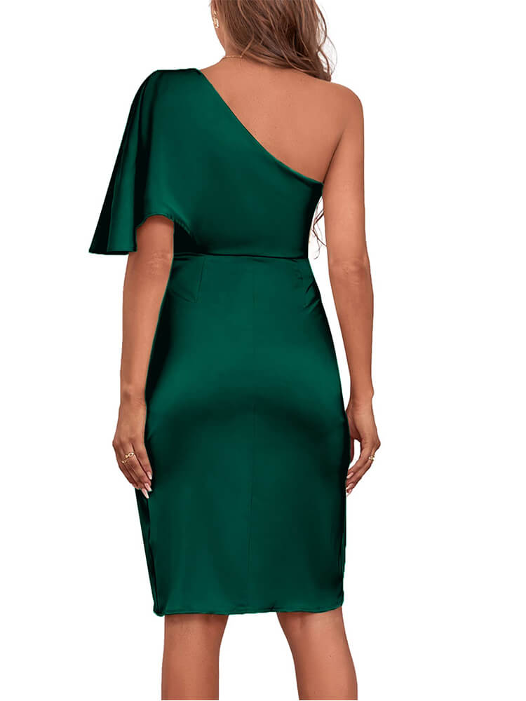 Satin One Shoulder Ruched Wrap Front High Split Bodycon Midi Dress - View 13