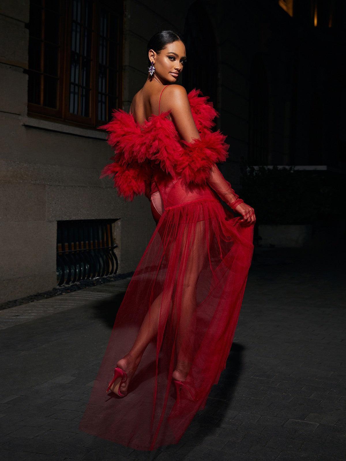 Spaghetti Tulle Maxi Dress With Gloves - View 6