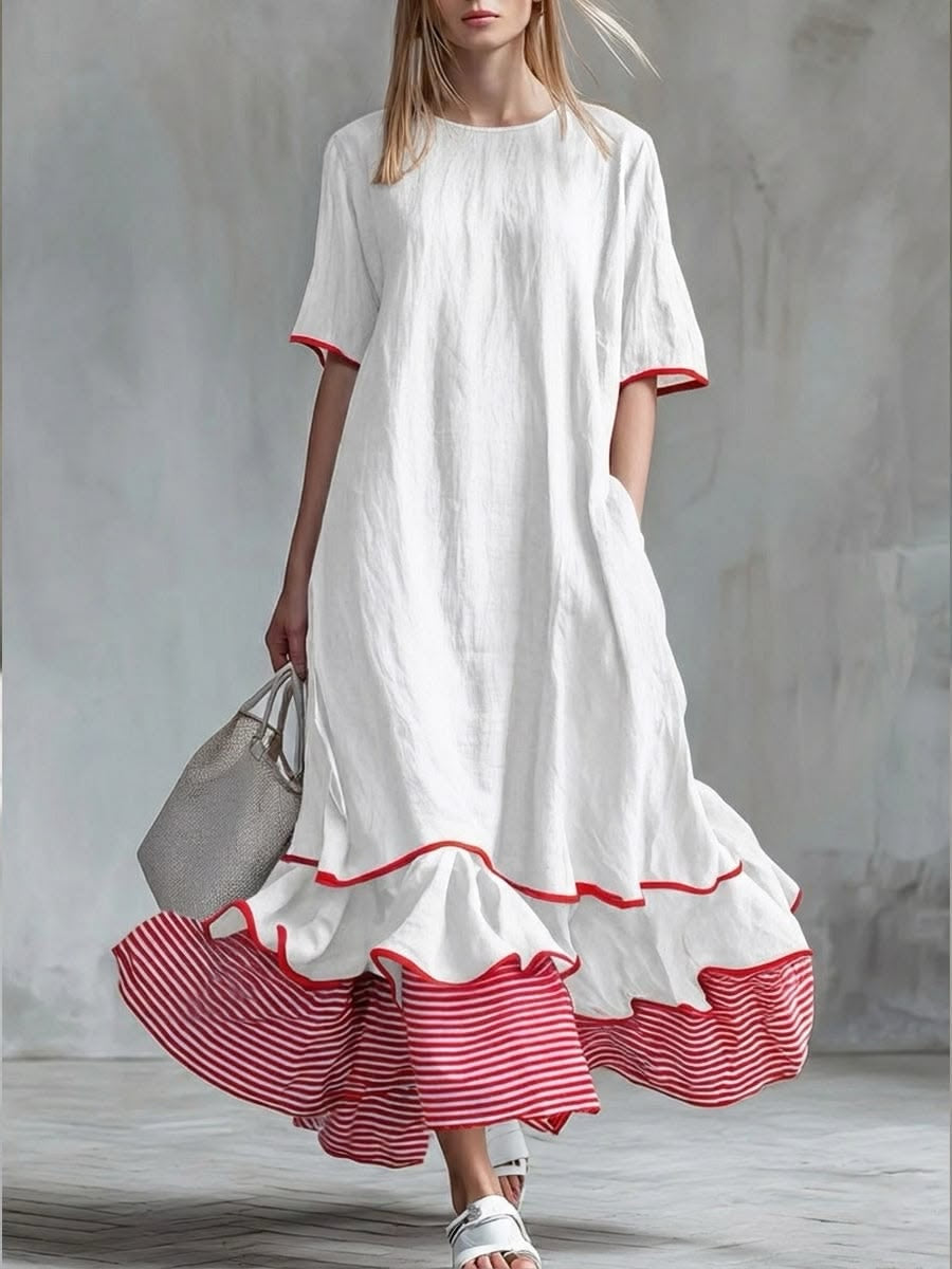 Round Neck Short Sleeve Striped Ruffle Tiered Maxi Dress